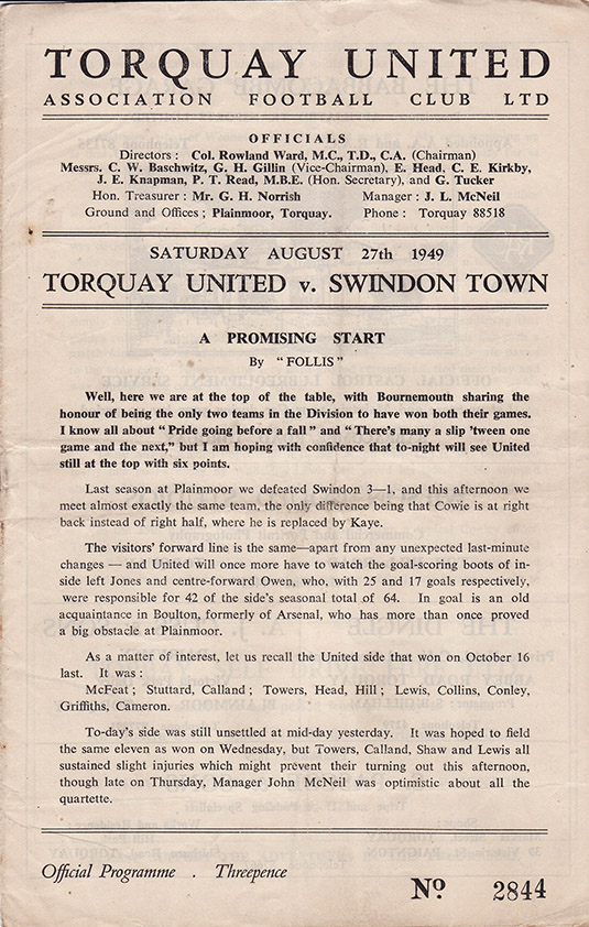 <b>Saturday, August 27, 1949</b><br />vs. Torquay United (Away)